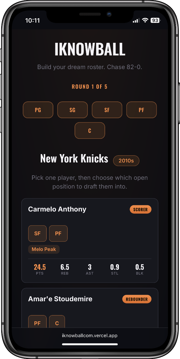 iknowball player selection screen on a phone